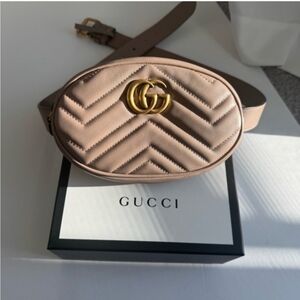 Gucci Blush Chevron Marmont Belt Bag with Gold Hardware. 100% Authentic